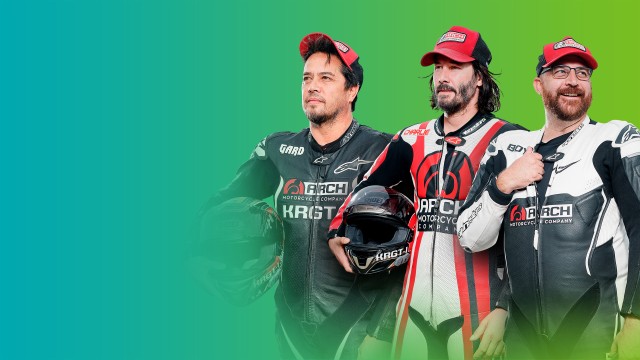 Gard Hollinger, Keanu Reeves and Ryan Boyd holding helmets in motorcycle gear